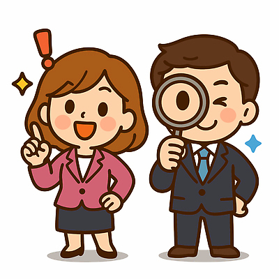 전신 여자 남자 허리손 일러스트 돋보기 미소 들기 정장 성인 두명 반짝임 가리킴 느낌표 주식투자 성인만 국내일러스트 AI파일 기호 옷 포즈 모션 표정 사람 손짓 주식 투자 파일형식 벡터