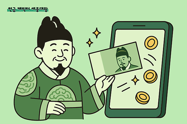 남자 돈 일러스트 한명 미소 들기 상반신 성인 초록색 반짝임 스마트폰 동전 만원 곤룡포 세종대왕 익선관 성인남자한명만 국내일러스트 AI파일 1 컬러 지폐 모션 표정 사람 핸드폰 스마트기기 재산 한복 왕 남자한명만 성인남자만 파일형식 벡터