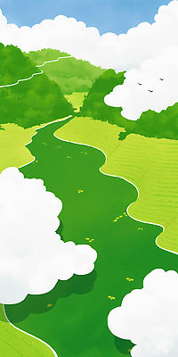 JPG 구름 일러스트 자연 하늘 산 그림자 사람없음 초록색 강 여름풍경 계단식논 국내일러스트 AI일러스트 AI콘텐츠 자연요소 컬러 논 풍경 생태계 파일형식 여름_계절