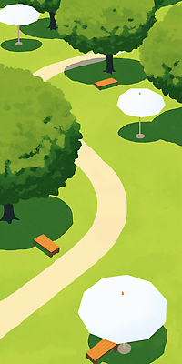 JPG 나무 공원 벤치 일러스트 자연 그림자 잔디 사람없음 초록색 여름풍경 파라솔 공원길 국내일러스트 AI일러스트 AI콘텐츠 식물 공공시설 길 컬러 의자 풍경 생태계 파일형식 여름_계절