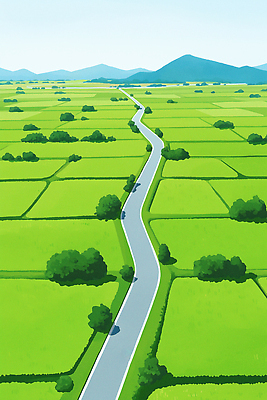JPG 나무 도로 밭 일러스트 자연 하늘 산 잔디 사람없음 초록색 여름풍경 풀 국내일러스트 AI일러스트 AI콘텐츠 식물 길 컬러 농업 교통시설 풍경 생태계 파일형식 여름_계절