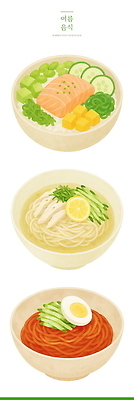 PSD 그릇 일러스트 여름음식 오이 사람없음 연어 삶은계란 비빔냉면 냉국수 비빔국수 엘리먼트 초계국수 포케 국내일러스트 식기 음식 채소 어류 계란 계란요리 국수 냉면 파일형식 여름_계절