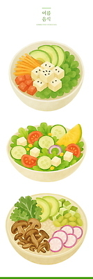 PSD 무료이미지 그릇 토마토 일러스트 여름음식 오이 사람없음 버섯 샐러드 아보카도 엘리먼트 적환무 포케 국내일러스트 식기 음식 채소 과일 무 파일형식 여름_계절