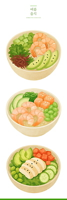 PSD 그릇 일러스트 여름음식 오이 새우 사람없음 연어 아보카도 닭가슴살 엘리먼트 포케 국내일러스트 식기 음식 채소 과일 갑각류 어류 닭고기 파일형식 여름_계절