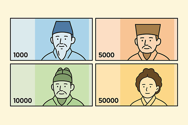 여자 남자 중년 돈 일러스트 미소 여러명 성인 컬러풀 만원 위인 오만원 천원 퇴계이황 율곡이이 오천원 세종대왕 신사임당 국내일러스트 AI파일 컬러 다수 지폐 표정 사람 재산 왕 파일형식 벡터