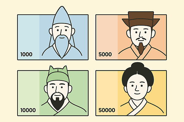 여자 남자 중년 돈 일러스트 미소 여러명 성인 컬러풀 만원 위인 오만원 천원 퇴계이황 율곡이이 오천원 세종대왕 신사임당 국내일러스트 AI파일 컬러 다수 지폐 표정 사람 재산 왕 파일형식 벡터