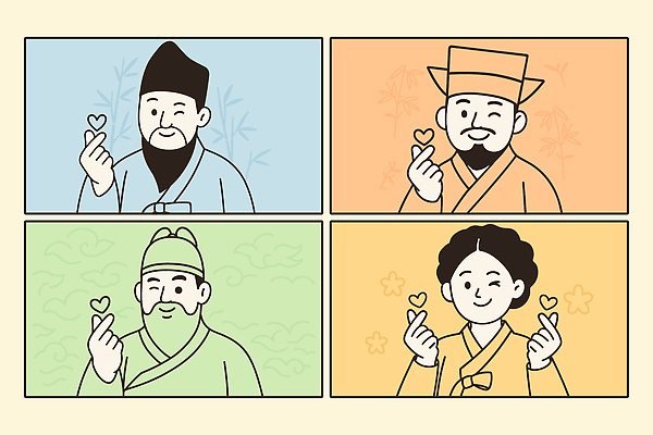 여자 남자 중년 돈 일러스트 윙크 미소 여러명 성인 컬러풀 만원 위인 오만원 천원 손하트 퇴계이황 율곡이이 오천원 세종대왕 신사임당 국내일러스트 AI파일 컬러 다수 지폐 표정 사람 손짓 재산 왕 파일형식 벡터