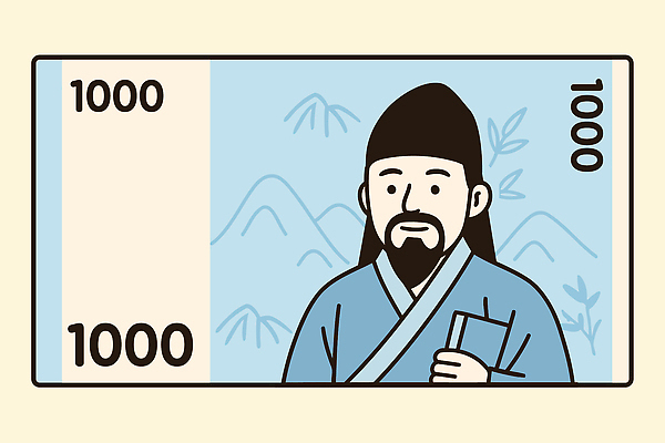 남자 중년 하늘색 돈 일러스트 산 한명 미소 들기 위인 서책 천원 퇴계이황 중년남자한명만 국내일러스트 AI파일 1 지폐 모션 표정 사람 성인 책 파란색 재산 남자한명만 중년남자만 파일형식 벡터