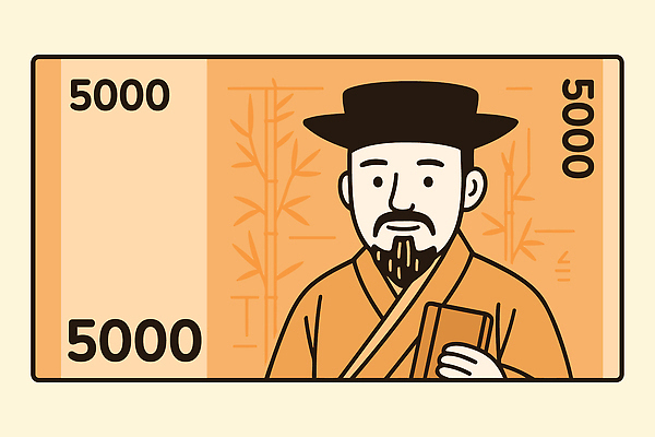 남자 중년 돈 일러스트 한명 미소 들기 주황색 대나무 위인 서책 율곡이이 오천원 중년남자한명만 국내일러스트 AI파일 나무 1 컬러 지폐 모션 표정 사람 성인 책 재산 남자한명만 중년남자만 파일형식 벡터