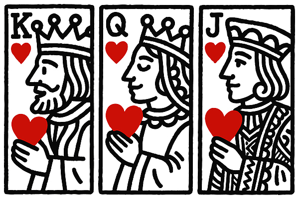 여자 남자 라인일러스트 일러스트 왕관 미소 들기 상반신 성인 세명 눈감음 검은색 하트 트럼프 왕 잭 K Q J 여왕 성인만 국내일러스트 AI파일 모양 알파벳 컬러 모션 표정 사람 놀이용품 파일형식 벡터