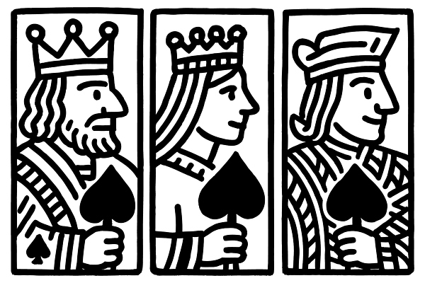 여자 남자 라인일러스트 일러스트 왕관 미소 들기 상반신 성인 세명 검은색 트럼프 왕 잭 여왕 스페이드 성인만 국내일러스트 AI파일 컬러 모션 표정 사람 놀이용품 파일형식 벡터