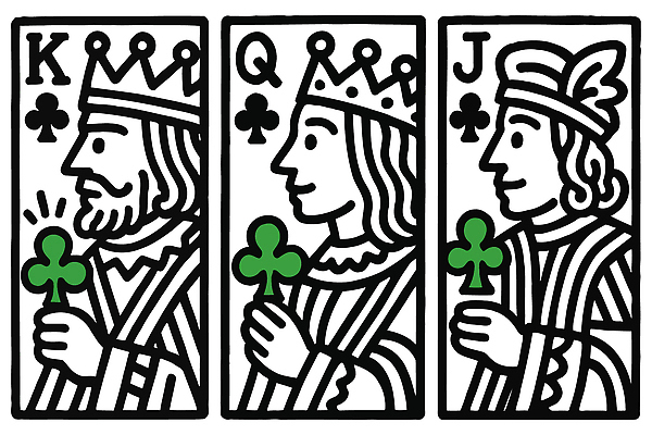 여자 남자 라인일러스트 일러스트 왕관 미소 들기 상반신 성인 세명 검은색 트럼프 클로버 왕 잭 K Q J 여왕 성인만 국내일러스트 AI파일 알파벳 컬러 모션 표정 사람 놀이용품 파일형식 벡터