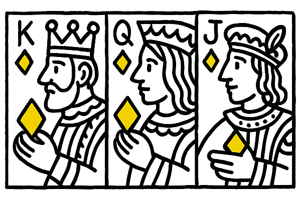 여자 남자 라인일러스트 일러스트 왕관 미소 들기 상반신 성인 세명 검은색 트럼프 왕 다이아몬드 잭 K Q J 여왕 성인만 국내일러스트 AI파일 알파벳 컬러 모션 표정 사람 놀이용품 보석 파일형식 벡터