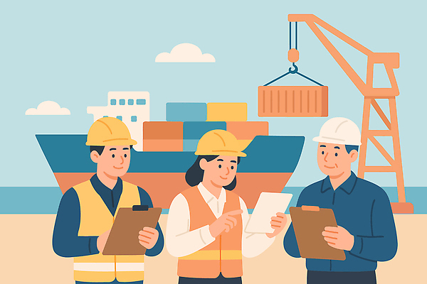 구름 여자 남자 바다 중년 일러스트 하늘 미소 들기 상반신 성인 세명 태블릿 글로벌 안전모 컨테이너 화물선 기중기 무역 서류판 안전조끼 국내일러스트 AI파일 자연요소 산업 배_교통 모션 표정 사람 전자제품 스마트기기 사무용품 중장비 헬멧 안전장비 파일형식 벡터