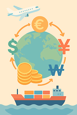 지구 물결 바다 일러스트 비행기 사람없음 글로벌 달러 동전 유로 원화 컨테이너 화물선 무역 순환 위안화 국내일러스트 AI파일 산업 돈 배_교통 항공교통 모션 대중교통 파일형식 벡터
