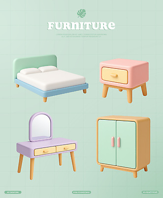 PSD 편집이미지 베개 사람없음 3D 침대 장롱 서랍장 화장대 민트색 탁상 편집3D 컬러 가구 침구 디지털합성 파일형식