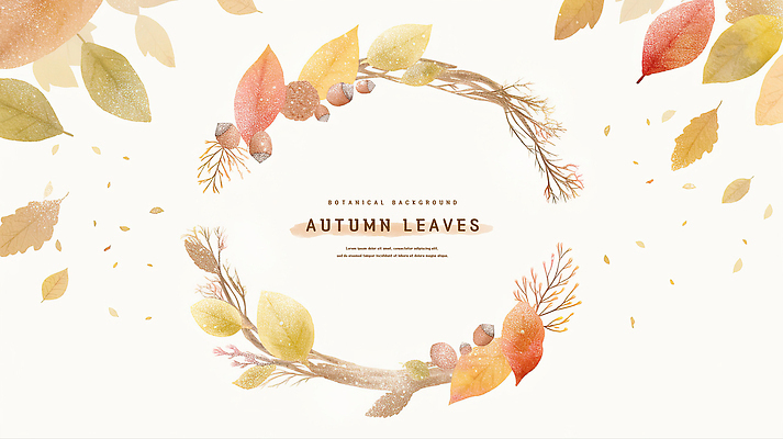 PSD 백그라운드 낙엽 일러스트 나뭇잎 수채화 프레임 사람없음 갈색 가을 나뭇가지 도토리 카피스페이스 국내일러스트 나무 계절 컬러 잎 공백 견과류 파일형식
