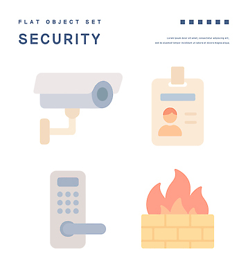 일러스트 불 사람모양 플랫 오브젝트 보안 벽돌담 감시카메라 도어락 방화벽 신분증 엘리먼트 홈캠 국내일러스트 AI파일 자연요소 모양 벽돌 안전 담장 카메라 증명서 파일형식 벡터