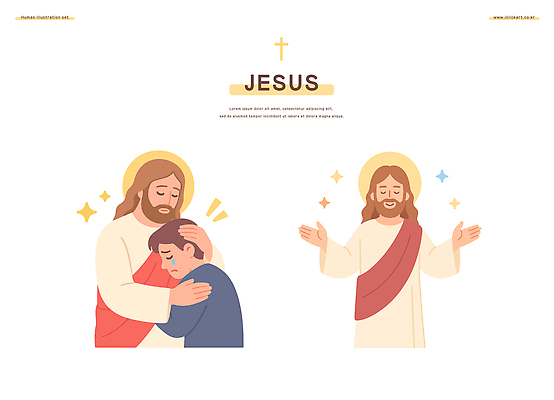 남자 기독교 십자가 일러스트 안기 미소 상반신 성인 세명 반짝임 손들기 눈감음 천주교 예수 후광 위로 성인남자만 쓰다듬기 일러캐릭터 AI파일 캐릭터 종교 모션 표정 사람 빛 신_종교 남자만 성인만 파일형식 벡터