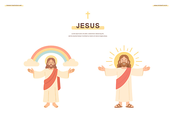 전신 구름 남자 기독교 십자가 무지개 일러스트 팔벌리기 미소 성인 두명 눈감음 천주교 예수 후광 성인남자만 일러캐릭터 AI파일 자연요소 캐릭터 종교 모션 표정 사람 빛 신_종교 남자만 성인만 파일형식 벡터