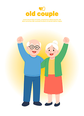 전신 여자 노년 남자 행복 일러스트 사랑 미소 두명 노란색 손들기 노부부 파이팅 노인만 안경낌 국내일러스트 AI파일 부부 감정 안경 컬러 모션 표정 사람 성인 성인만 파일형식 벡터