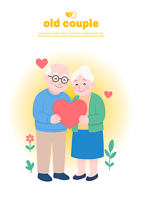 전신 여자 노년 남자 꽃 행복 잎 일러스트 사랑 미소 들기 두명 노란색 노부부 하트 노인만 안경낌 국내일러스트 AI파일 모양 식물 부부 감정 안경 컬러 모션 표정 사람 성인 성인만 파일형식 벡터