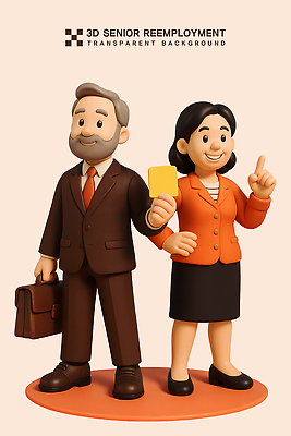 PSD 편집이미지 여자 남자 중년 허리손 서류가방 3D캐릭터 미소 들기 정장 성인 두명 실버라이프 3D 가리킴 실버취업 살구색 옐로우카드 편집3D 캐릭터 라이프스타일 옷 컬러 포즈 가방 모션 표정 경고 사람 손짓 구직 디지털합성 파일형식