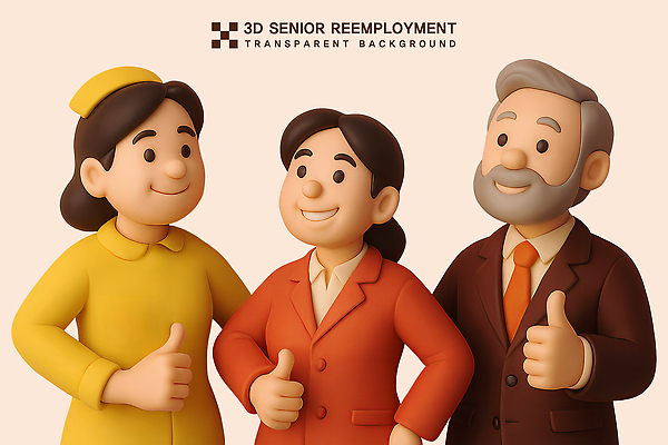 PSD 편집이미지 모자 여자 남자 중년 3D캐릭터 미소 정장 상반신 성인 세명 실버라이프 3D 따봉 실버취업 살구색 편집3D 캐릭터 라이프스타일 잡화 옷 컬러 표정 사람 구직 최고 디지털합성 파일형식