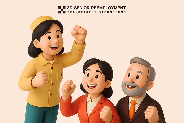 PSD 편집이미지 모자 여자 남자 중년 3D캐릭터 미소 정장 상반신 성인 세명 실버라이프 3D 파이팅 실버취업 살구색 편집3D 캐릭터 라이프스타일 잡화 옷 컬러 모션 표정 사람 구직 디지털합성 파일형식