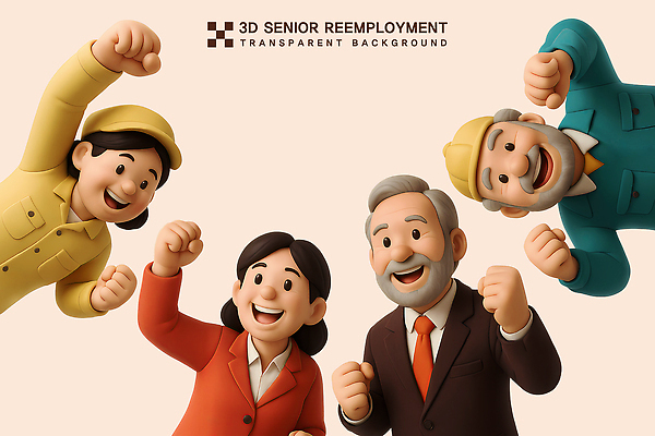 PSD 편집이미지 모자 여자 남자 중년 3D캐릭터 작업복 미소 정장 상반신 성인 세명 실버라이프 3D 파이팅 안전모 실버취업 살구색 편집3D 캐릭터 라이프스타일 잡화 옷 컬러 모션 표정 사람 구직 헬멧 안전장비 디지털합성 파일형식