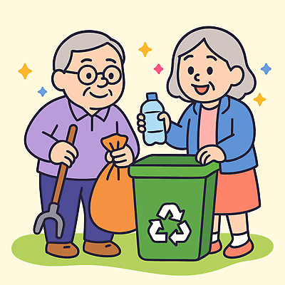 전신 여자 노년 남자 일러스트 집게 미소 들기 두명 연두색 반짝임 쓰레기통 담기 페트병 쓰레기봉투 쓰레기줍기 노인만 안경낌 재활용표시 국내일러스트 AI파일 안경 모션 표시 봉투 표정 사람 성인 초록색 재활용 병_담는 성인만 파일형식 벡터 줍기
