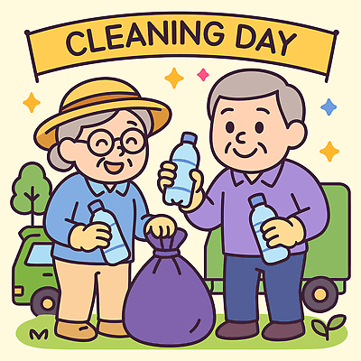 전신 나무 모자 여자 노년 남자 일러스트 미소 들기 잔디 두명 연두색 반짝임 재활용 잡기 담기 페트병 쓰레기봉투 쓰레기줍기 쓰레기차 노인만 안경낌 국내일러스트 AI파일 식물 잡화 안경 모션 자동차 봉투 표정 사람 성인 초록색 친환경 병_담는 성인만 파일형식 벡터 줍기