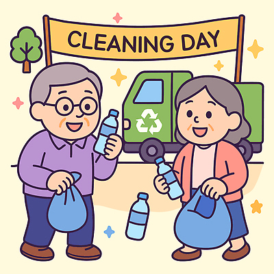 전신 나무 여자 노년 남자 일러스트 미소 들기 두명 연두색 반짝임 담기 페트병 쓰레기봉투 쓰레기줍기 쓰레기차 노인만 안경낌 재활용표시 국내일러스트 AI파일 식물 안경 모션 자동차 표시 봉투 표정 사람 성인 초록색 재활용 병_담는 성인만 파일형식 벡터 줍기