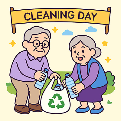 전신 구름 여자 노년 남자 일러스트 허리숙이기 미소 들기 잔디 두명 연두색 반짝임 담기 페트병 쓰레기봉투 쓰레기줍기 노인만 안경낌 재활용표시 국내일러스트 AI파일 자연요소 식물 안경 모션 표시 봉투 표정 숙이기 사람 성인 초록색 재활용 병_담는 성인만 파일형식 벡터 줍기