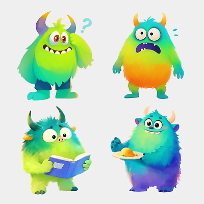 PSD 접시 음식 일러스트 교육캐릭터 미소 들기 사람없음 책 연두색 파란색 세트 독서 손들기 귀여움 놀람 물음표 읽기 호기심 몬스터 머리긁기 일러캐릭터 캐릭터 식기 기호 교육 감정 컬러 컨셉 모션 표정 초록색 파일형식 긁기
