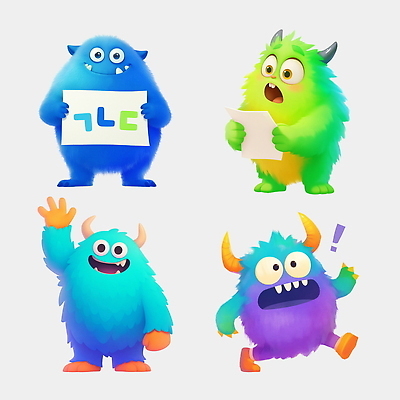 PSD 일러스트 교육캐릭터 웃음 들기 사람없음 연두색 파란색 세트 귀여움 보라색 놀람 팻말 손인사 시험지 자음 몬스터 일러캐릭터 캐릭터 교육 감정 컬러 컨셉 모션 프레임 표정 한글 초록색 인사 파일형식