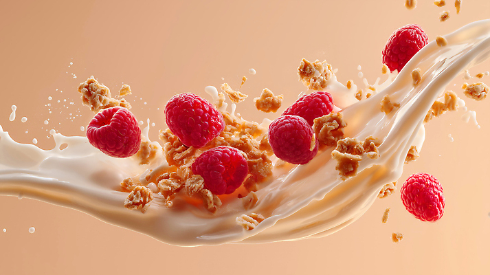 JPG 편집이미지 사람없음 우유 액체 산딸기 살구색 스플래쉬 그래놀라 편집실사 AI포토 AI콘텐츠 음식 컬러 과일 유제품 CG 파일형식
