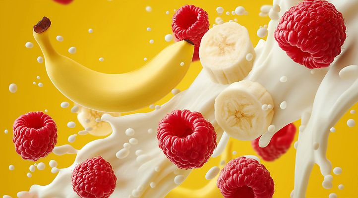 JPG 편집이미지 바나나 사람없음 노란색 우유 액체 산딸기 과일조각 스플래쉬 편집실사 AI포토 AI콘텐츠 컬러 조각 과일 유제품 CG 파일형식