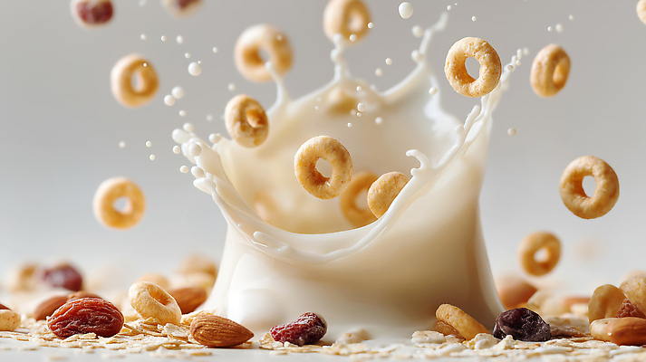 JPG 편집이미지 사람없음 우유 액체 시리얼 호두 아몬드 건포도 베이지색 스플래쉬 편집실사 AI포토 AI콘텐츠 음식 컬러 포도 유제품 견과류 CG 건과일 파일형식
