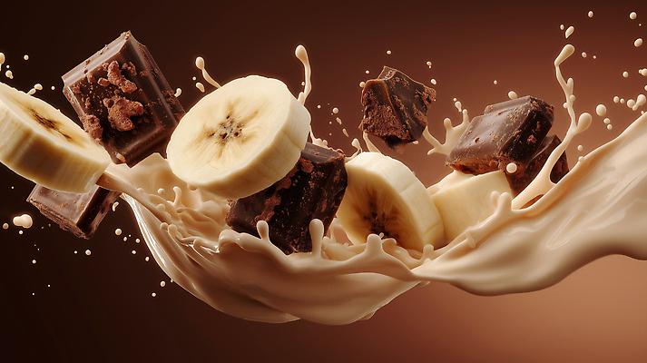 JPG 편집이미지 바나나 사람없음 갈색 초콜릿 액체 과일조각 초코우유 스플래쉬 편집실사 AI포토 AI콘텐츠 컬러 조각 과일 디저트 우유 CG 파일형식