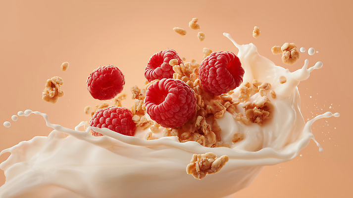 JPG 편집이미지 사람없음 우유 액체 산딸기 살구색 스플래쉬 그래놀라 편집실사 AI포토 AI콘텐츠 음식 컬러 과일 유제품 CG 파일형식