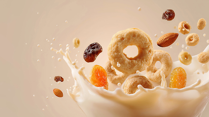 JPG 편집이미지 사람없음 우유 액체 시리얼 아몬드 건포도 베이지색 스플래쉬 편집실사 AI포토 AI콘텐츠 음식 컬러 포도 유제품 견과류 CG 건과일 파일형식