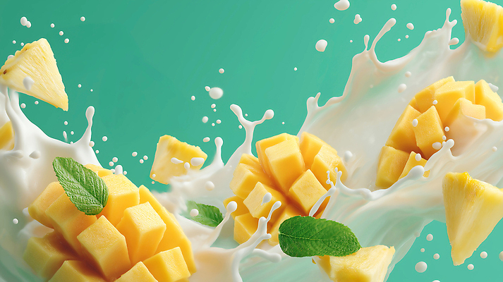 JPG 편집이미지 사람없음 우유 액체 자르기 민트 파인애플 망고 과일조각 민트색 스플래쉬 편집실사 AI포토 AI콘텐츠 컬러 조각 과일 모션 유제품 허브 CG 열대과일 파일형식