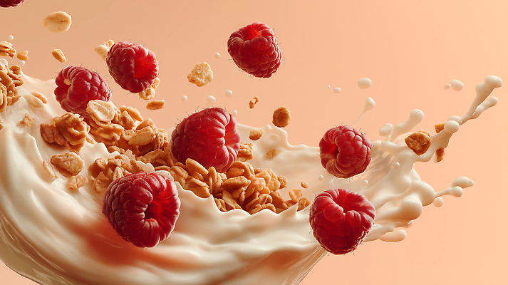 JPG 편집이미지 사람없음 우유 액체 산딸기 살구색 스플래쉬 그래놀라 편집실사 AI포토 AI콘텐츠 음식 컬러 과일 유제품 CG 파일형식