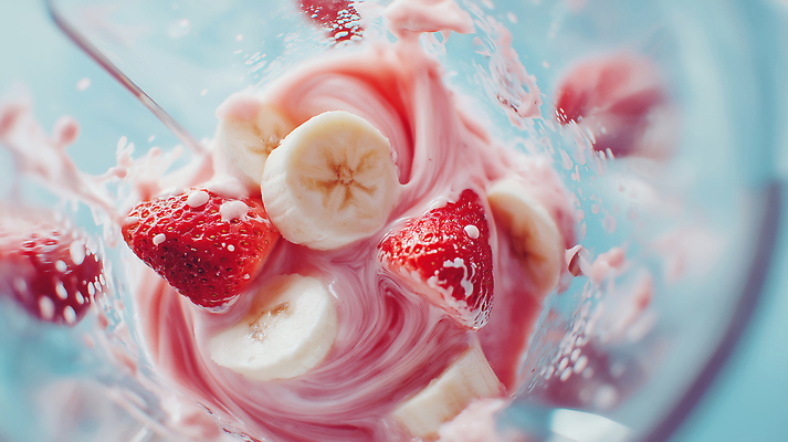 JPG 편집이미지 딸기 바나나 사람없음 우유 액체 믹서 갈기 과일조각 편집실사 AI포토 AI콘텐츠 조각 과일 유제품 CG 파일형식