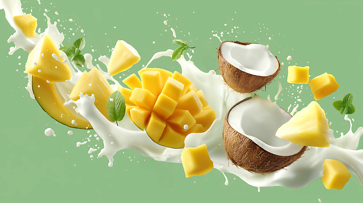 JPG 편집이미지 사람없음 연두색 우유 액체 멜론 자르기 민트 파인애플 코코넛 망고 과일조각 스플래쉬 편집실사 AI포토 AI콘텐츠 조각 과일 모션 유제품 초록색 허브 CG 열대과일 파일형식