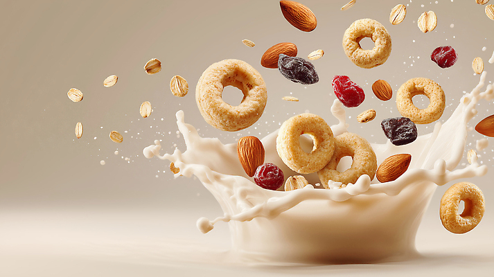 JPG 편집이미지 사람없음 우유 액체 시리얼 아몬드 건포도 베이지색 스플래쉬 그래놀라 편집실사 AI포토 AI콘텐츠 음식 컬러 포도 유제품 견과류 CG 건과일 파일형식