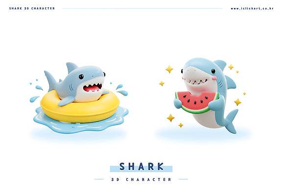 PSD 편집이미지 동물캐릭터 하늘색 3D캐릭터 들기 사람없음 반짝임 3D 귀여움 물방울 먹기 상어 튜브 수박조각 편집3D 동물 캐릭터 조각 컨셉 모션 수박 어류 파란색 디지털합성 파일형식
