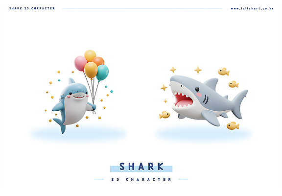 PSD 편집이미지 동물캐릭터 하늘색 3D캐릭터 입벌림 들기 사람없음 반짝임 3D 귀여움 꽃가루 상어 풍선 물고기떼 편집3D 동물 캐릭터 컨셉 모션 표정 어류 파란색 가루 디지털합성 파일형식