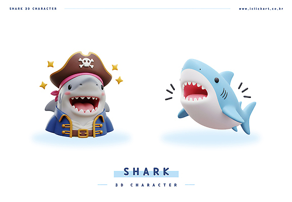 PSD 편집이미지 동물캐릭터 하늘색 3D캐릭터 입벌림 사람없음 반짝임 3D 귀여움 상어 해적의상 해적모자 편집3D 동물 캐릭터 모자_잡화 옷 컨셉 모션 표정 어류 파란색 디지털합성 파일형식